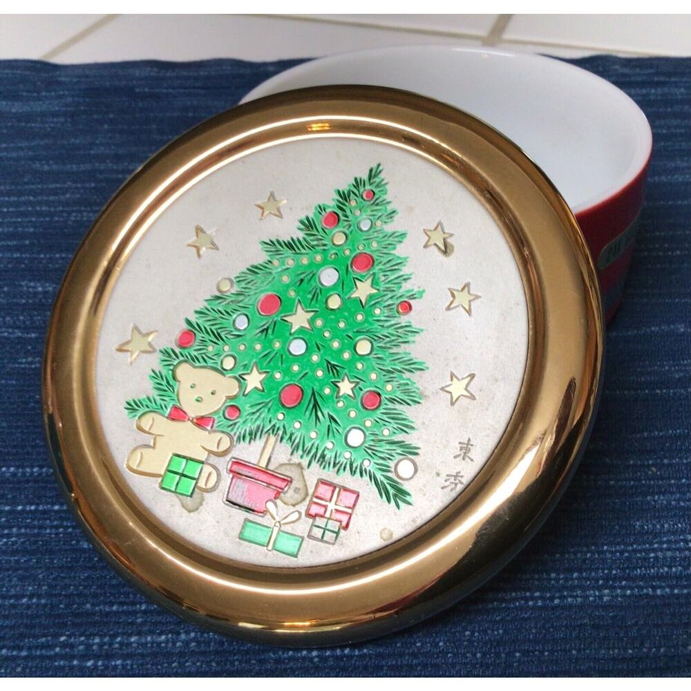 Himark Japan Christmas Trinket Dish 24 kt Gold Trim Tree Bear Vintage 723A